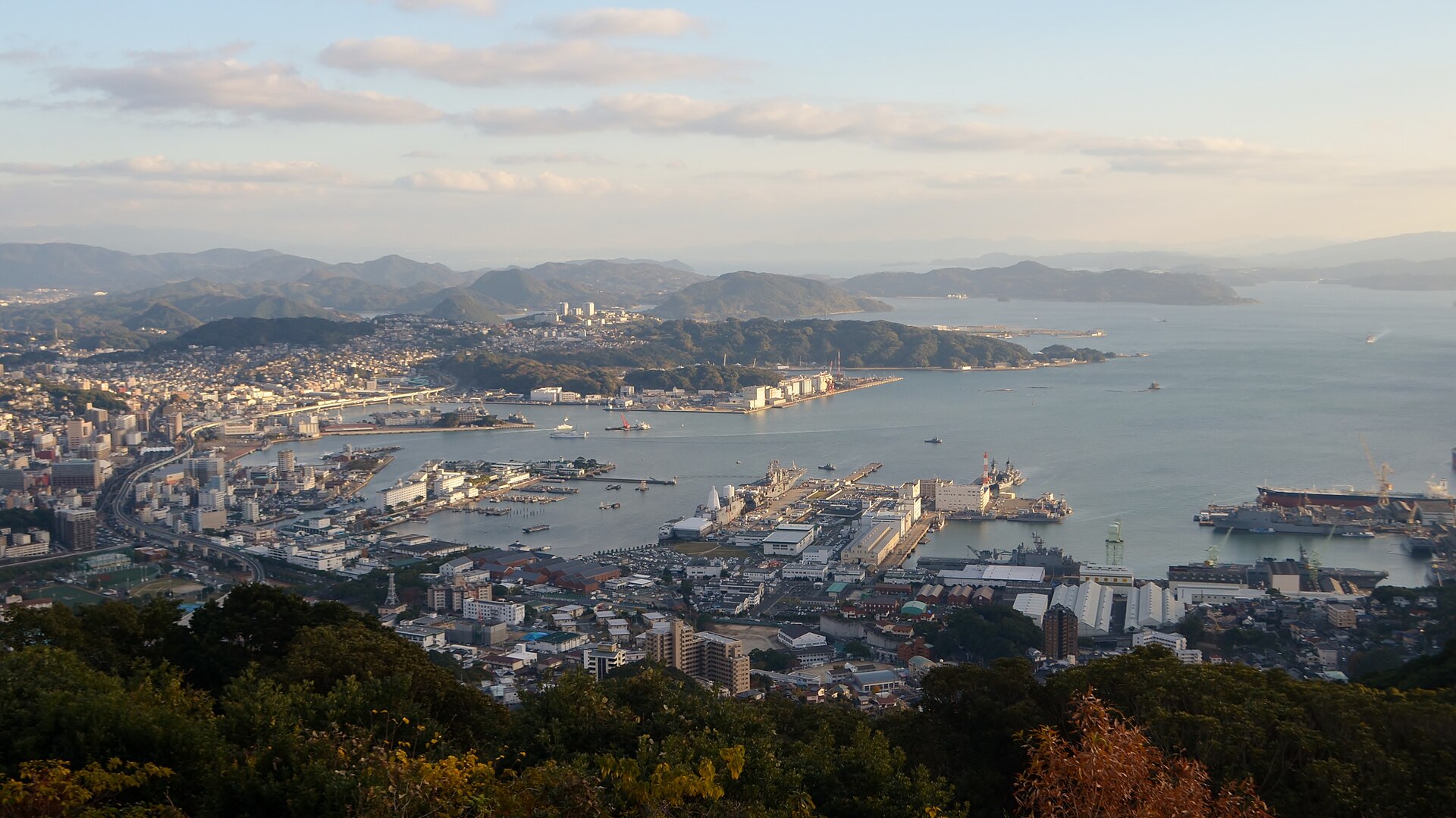 The city and harbour of Sasebo seen from a hillside lookout, 2017.