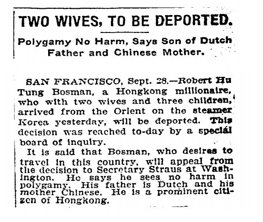 A 1908 New York Times clipping headed Two Wives, to Be Deported.