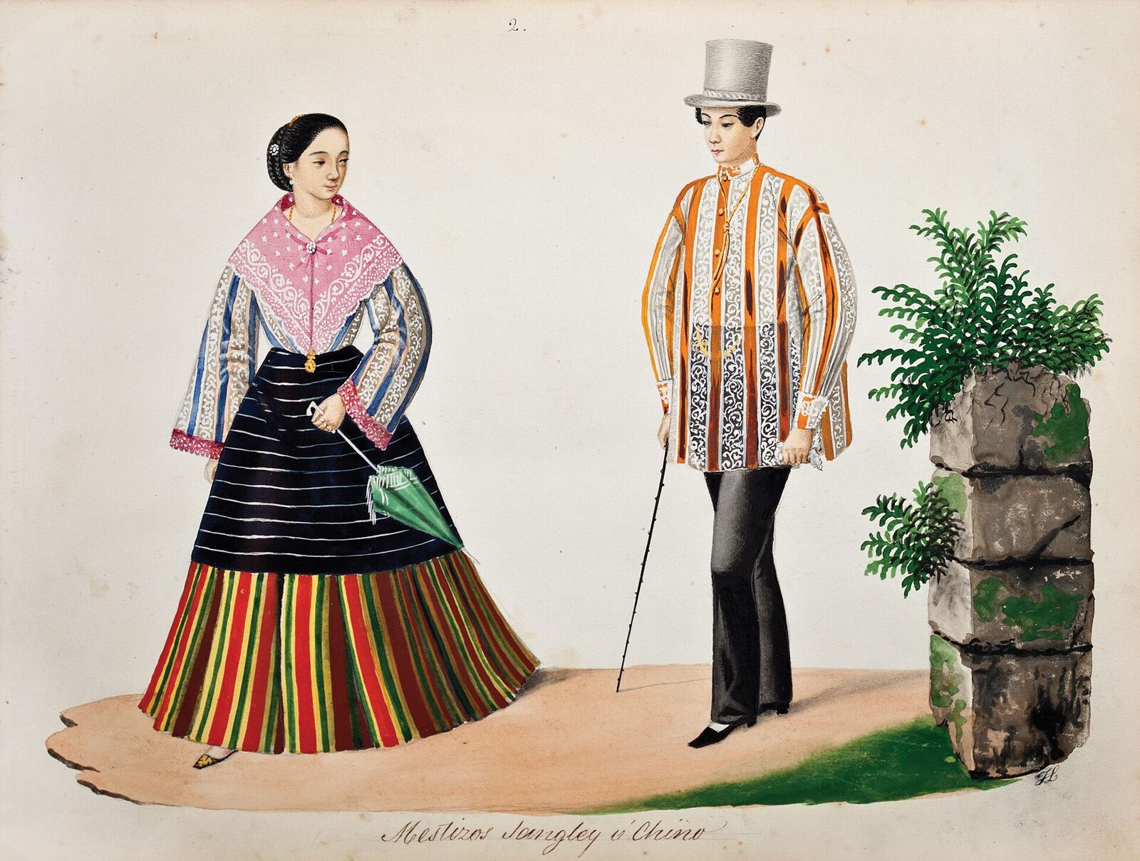 A watercolour of two figures in Manila dress captioned Mestizos Sangley y Chino, 1841.