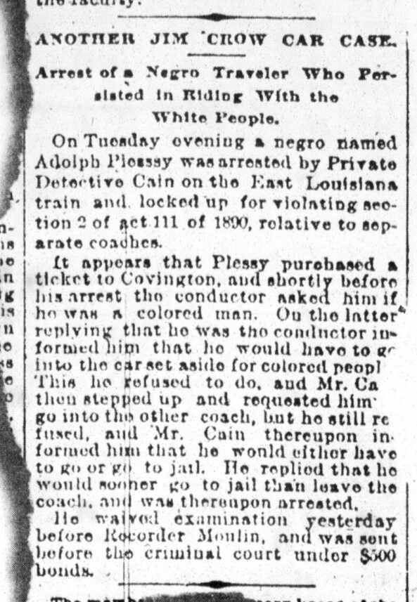 A newspaper column from the Daily Picayune of 9 June 1892 headed Another Jim Crow Car Case.