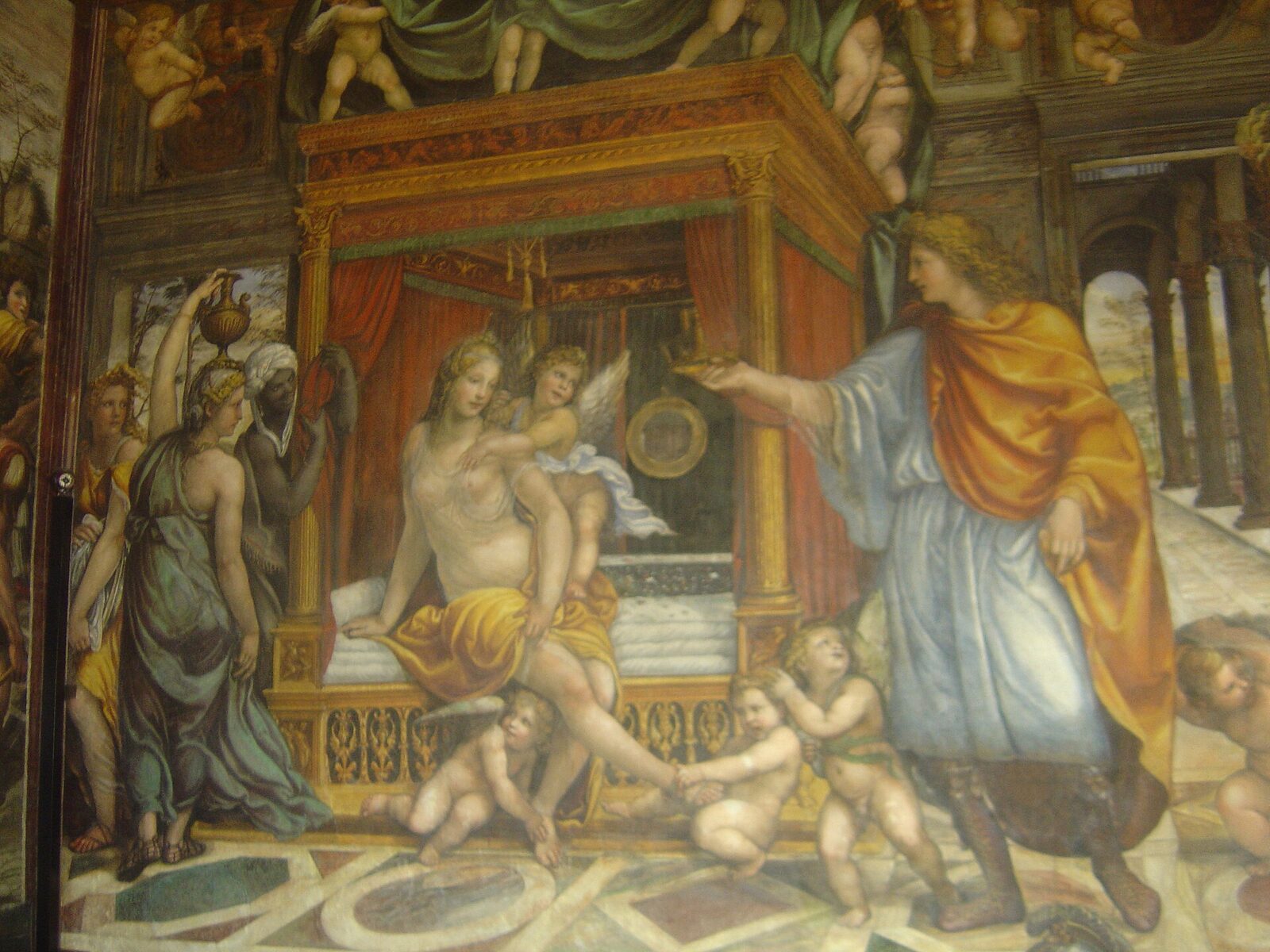 A Renaissance fresco of Alexander approaching Roxana, who sits on a bed attended by cupids.